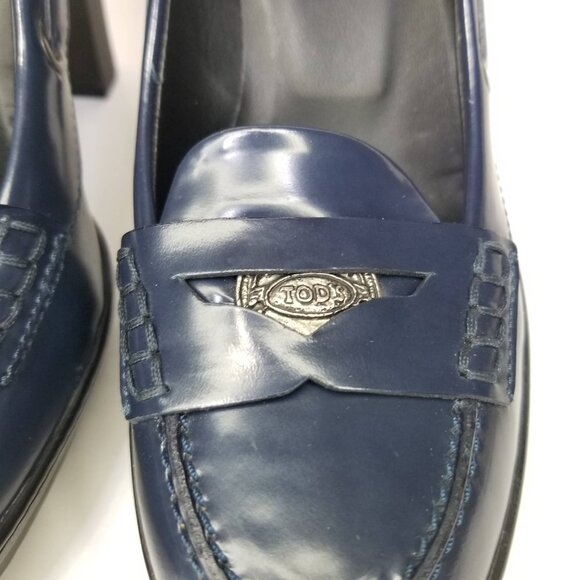 Tod's Women's Patent Leather Penny Loafer Pumps Blue Size EU 35/US 5 block heel - Picture 4 of 15
